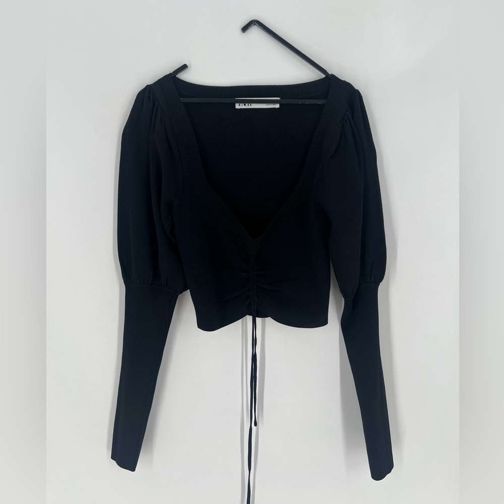 Zara Puff Elongated Long Sleeve Cinched Sweetheart Neckline Crop Top